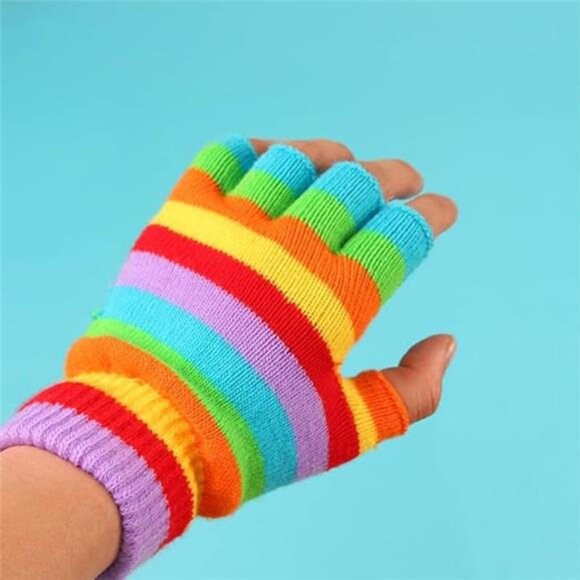 2 Pairs Rainbow Striped Cotton Knitted Half Finger Gloves - Thickened Warm for - Picture 2 of 8